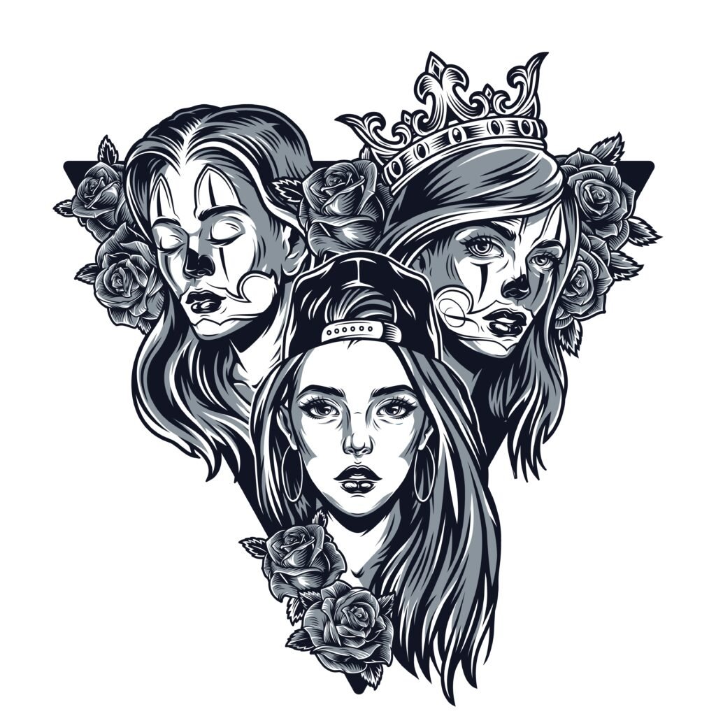 Ilustración de tres mujeres con maquillajes diferentes, que incluyen motivos de calaveras y una corona. Están rodeadas de rosas y tienen expresiones variadas, creando una composición dramática y monocromática con un estilo artístico audaz.